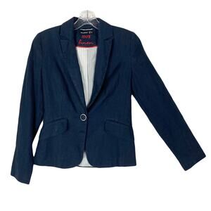 nwot ATMOSPHERE LINEN Blazer women US 4 Navy Stitch-Detail 1-Button Flap-Pocket
